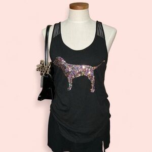 Victoria’s Secret PINK Full-Length Racerback Rose Gold Bling Dog Tank Top Black